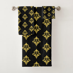 Conjunto De Toalhas Elegante Fleur de Lis Dourada em Preto