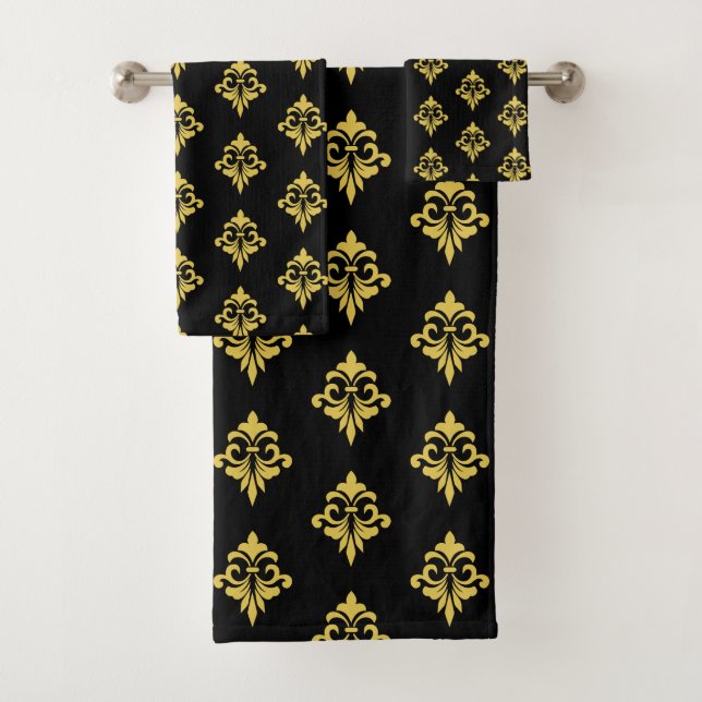 Conjunto De Toalhas Elegante Fleur de Lis Dourada em Preto (Insitu)