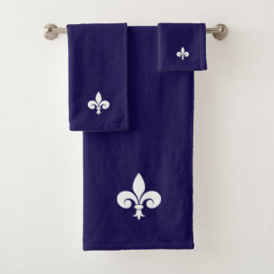 Conjunto De Toalhas Elegante Flor de Lis Branca sobre Azul Marinho