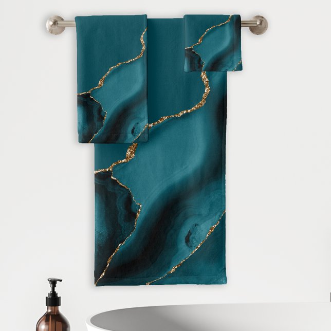 Conjunto De Toalhas Elegante Geodo de Ágata Azul Turquesa e Ouro (Criador carregado)