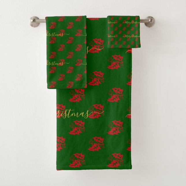 Conjunto De Toalhas Elegante Holly de Natal Verde (Insitu)