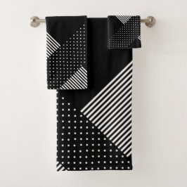 Conjunto De Toalhas Elegante Listra Preta Ponto Geometrical Branco