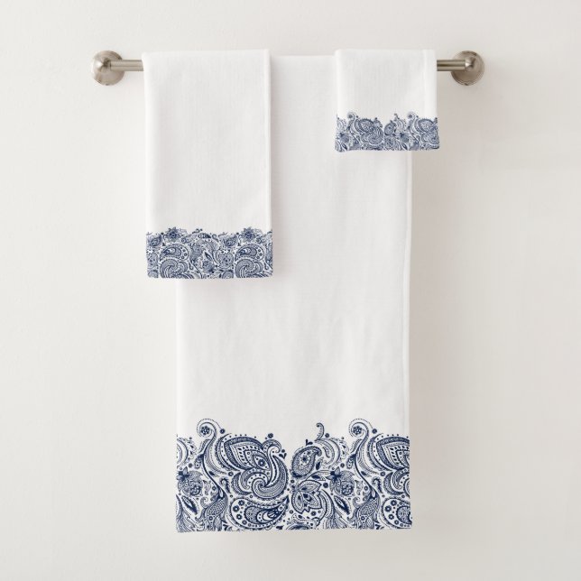 Conjunto De Toalhas Elegante Marinho-Blue Paisley Swirls Lace (Insitu)