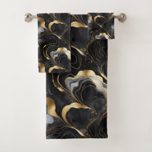 Conjunto De Toalhas Elegante Mármore Abstrato Preto, Dourado e Branco