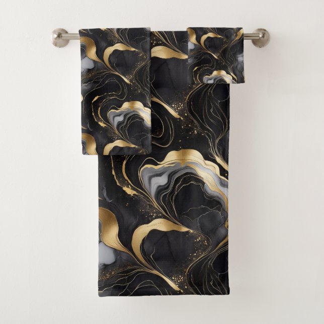 Conjunto De Toalhas Elegante Mármore Abstrato Preto, Dourado e Branco (Insitu)