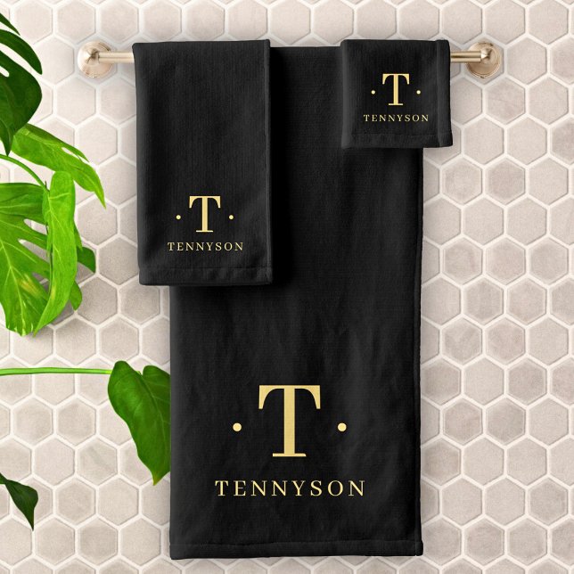 Conjunto De Toalhas Elegante Mínimo Dourado Negro Monograma (Criador carregado)