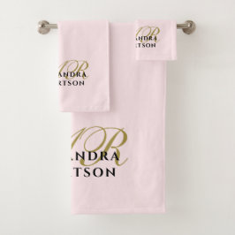 Conjunto De Toalhas Elegante Mínimo Negro Dourado Rosa-Rosa Monograma