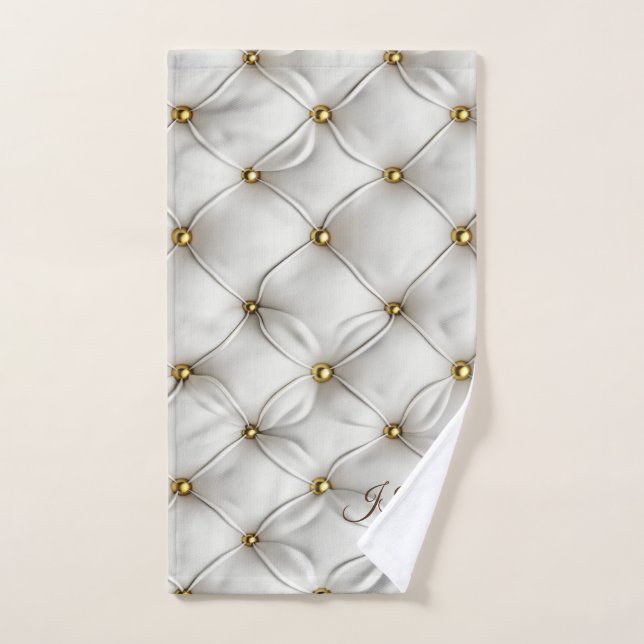 Conjunto De Toalhas Elegante Moderno Couro Branco Gold Tufted (Toalha de mão)