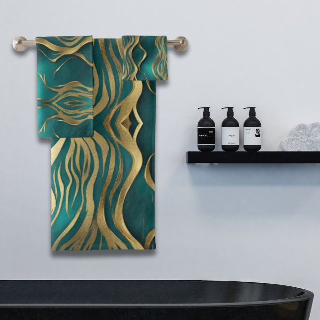 Conjunto De Toalhas Elegante Moderno Stripes Douradas Turquesa Azul Te (Elegant Modern Stripes Gold Turquoise Teal Blue Bath Towel Set)