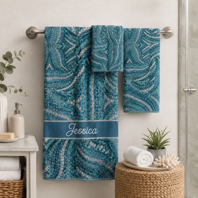 Conjunto De Toalhas Elegante Moderno Turquesa Azul Cinza Remoinho Prat (Modern Elegant Silver Grey Turquoise Blue Swirl Bath Towel Set)