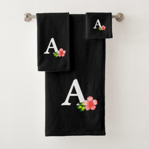 Conjunto De Toalhas Elegante monograma branco com flor rosa em preto