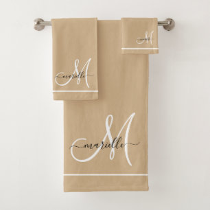 Conjunto De Toalhas Elegante Monograma Branco Nome do Script Tan