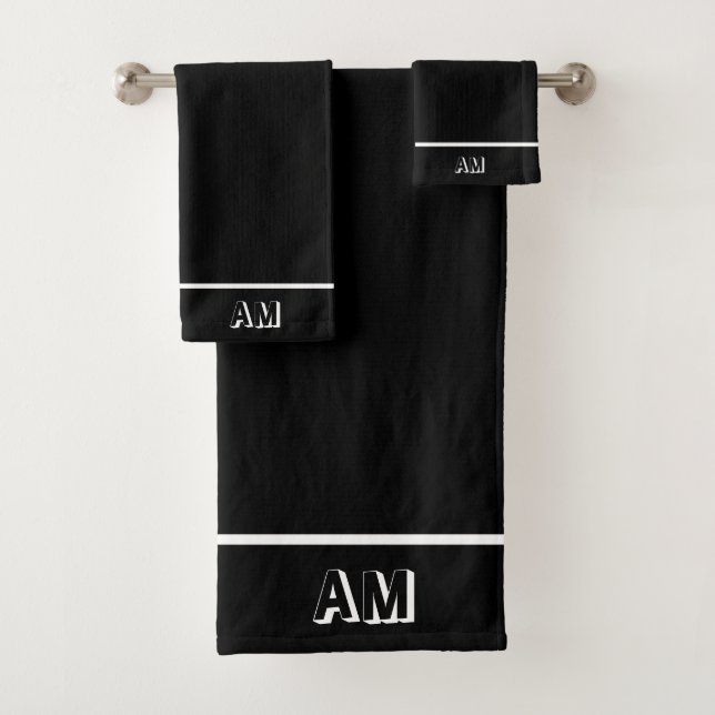 Conjunto De Toalhas Elegante Monograma Branco Simples em Preto (Insitu)