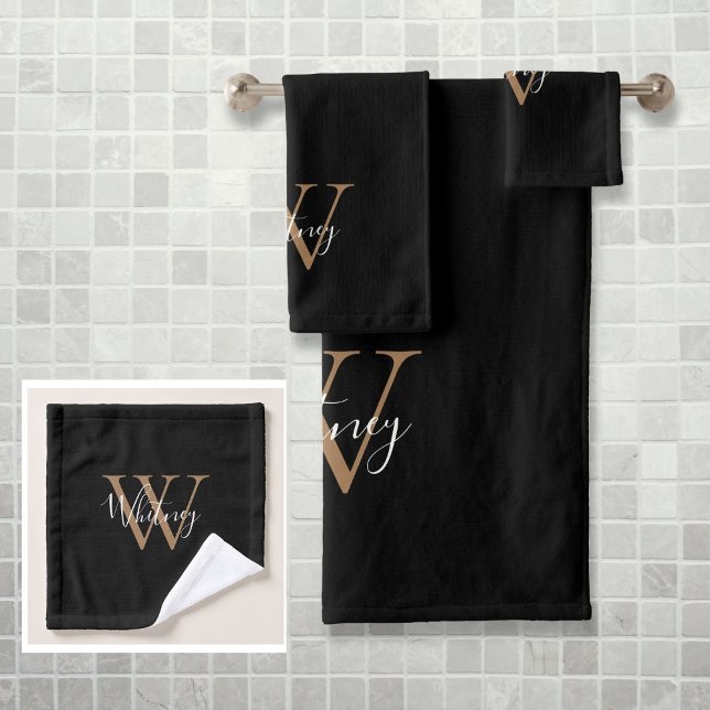Conjunto De Toalhas Elegante Monograma de Letra de Imprensa Simples Pr (Simple Elegant Script Monogram Black and Gold Bath Towel Set)