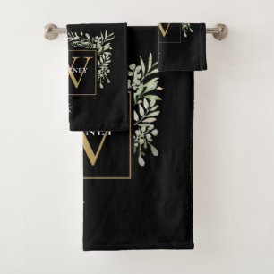 Conjunto De Toalhas Elegante Monograma de Ouro Preto em Verde Flora