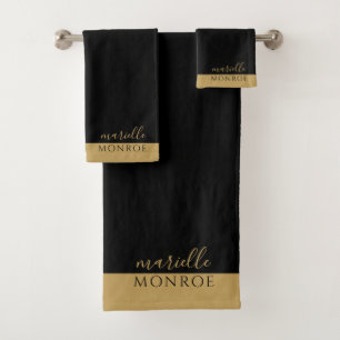Conjunto De Toalhas Elegante Monograma Dourado Script Serif Preto
