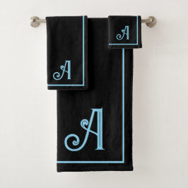 Conjunto De Toalhas Elegante Monograma Preto e Azul Moderno  