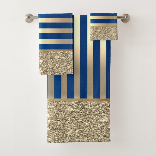 Conjunto De Toalhas Elegante Na moda Azul Dourado Stripes Brilhante (Insitu)