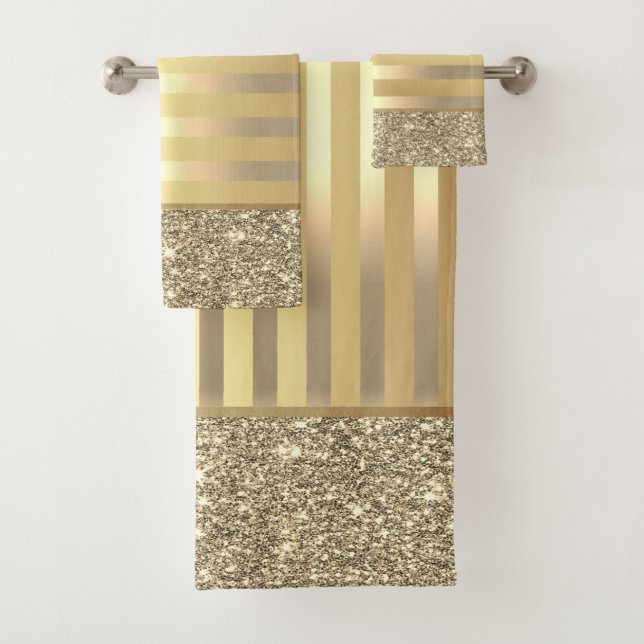Conjunto De Toalhas Elegante Na moda Dourado Stripes Brilhante (Insitu)