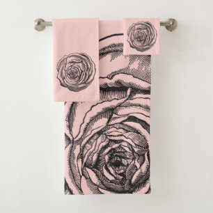 Conjunto De Toalhas Elegante Rosa botânico preto sobre branco-rosa-beb