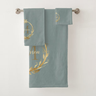 Conjunto De Toalhas Elegante Sage Monograma Dourado Verde Eucalyptus W