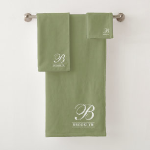 Conjunto De Toalhas Elegante Sage Monograma Sage Verde