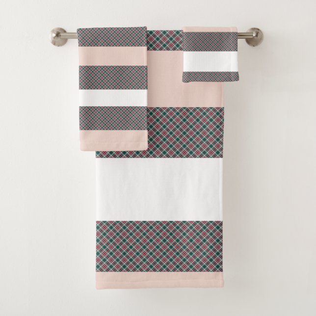 Conjunto De Toalhas Elegante Tartan - Padrão Vermelho - Rosa Verde (Insitu)