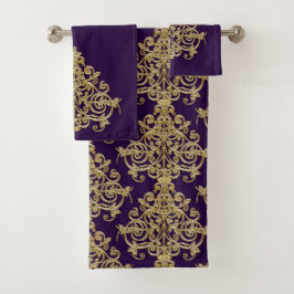 Conjunto De Toalhas Elegante Vintage Dourado Damask Purple