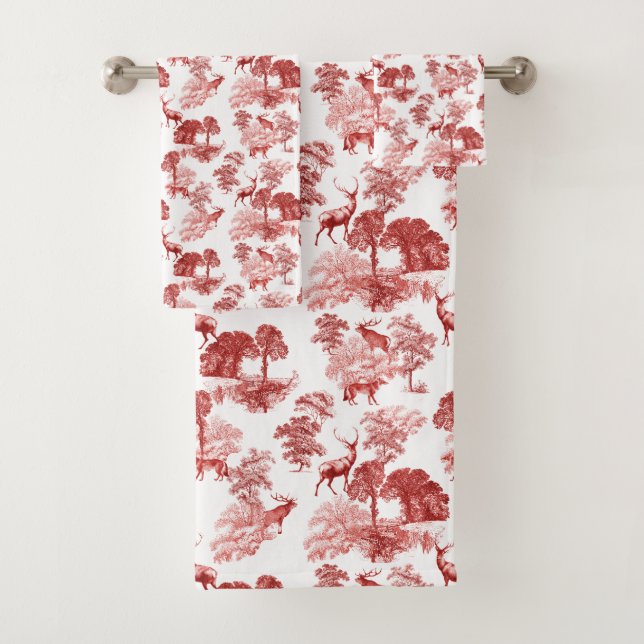 Conjunto De Toalhas Elegante Vintage Red Toile Deer (Insitu)