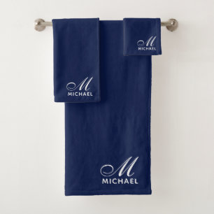 Conjunto De Toalhas Elegante White Script Monograma Inicial Marinho Az