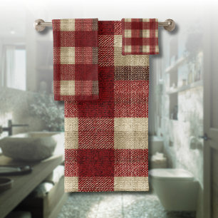 Conjunto De Toalhas Elegante Xadrez Burgundy Marfim Ferrugem Vermelho