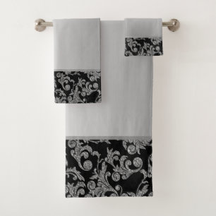 Conjunto De Toalhas Elegantes Redemoinhos Pretos e Prateados