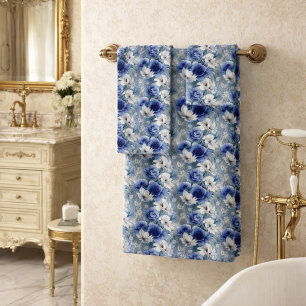 Conjunto De Toalhas Elegantes Rosas e Lírios Azuis e Brancos