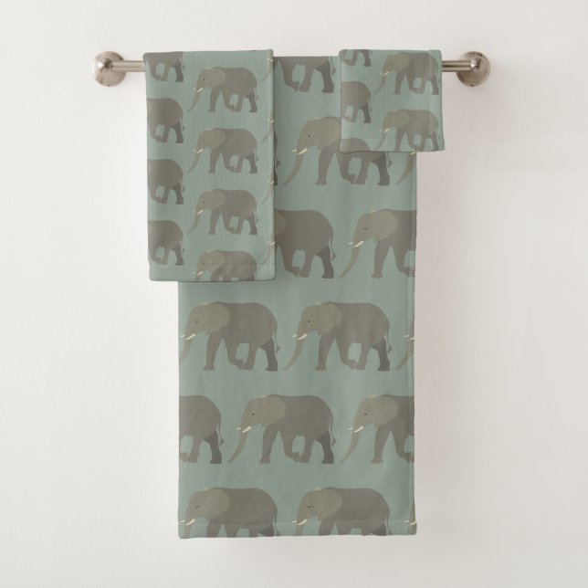 Conjunto De Toalhas Elephant Exotic Animal Patterne Sage Green (Insitu)
