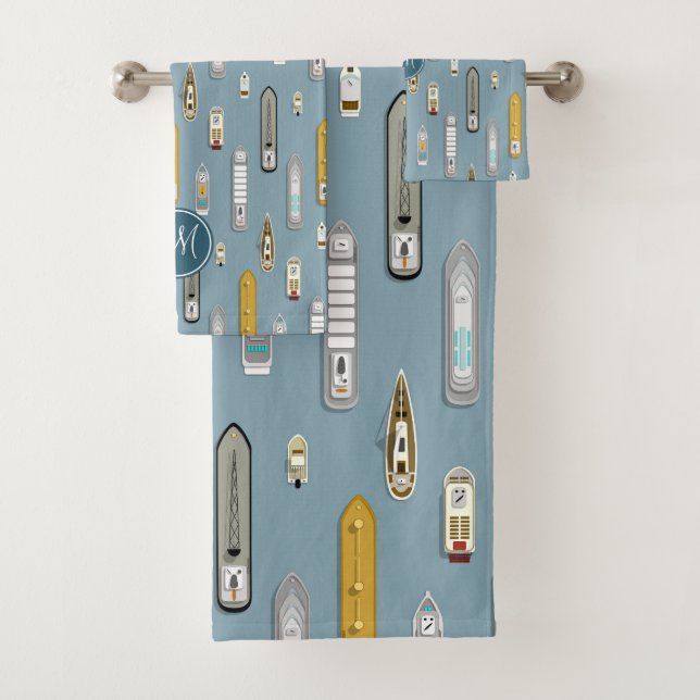 Conjunto De Toalhas Embarcações náuticas No rio monograma azul (Insitu)