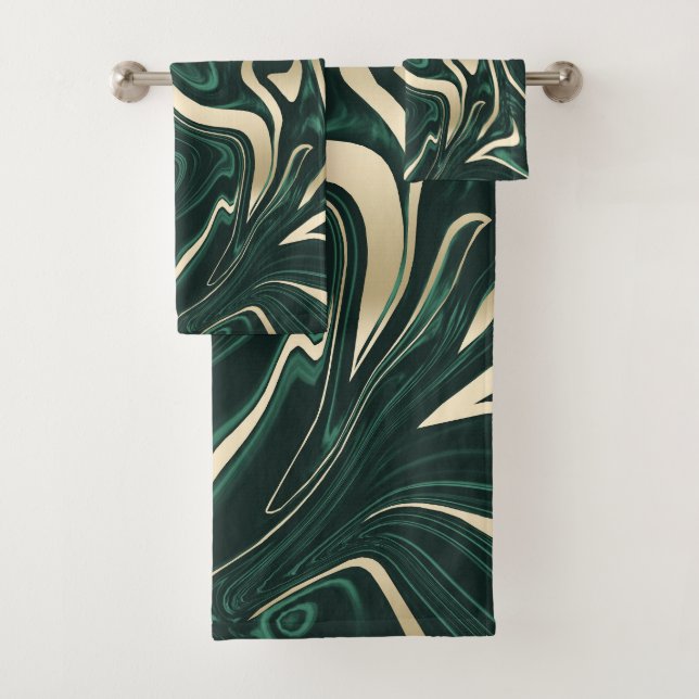 Conjunto De Toalhas Emerald Green Dourado Marble #3 (Folha Negra) (Insitu)