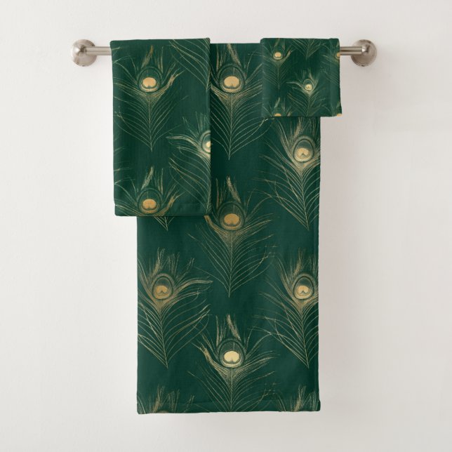 CONJUNTO DE TOALHAS EMERALD GREEN PEACOCK FEATHER BATHROOM TOWEL SET (Insitu)