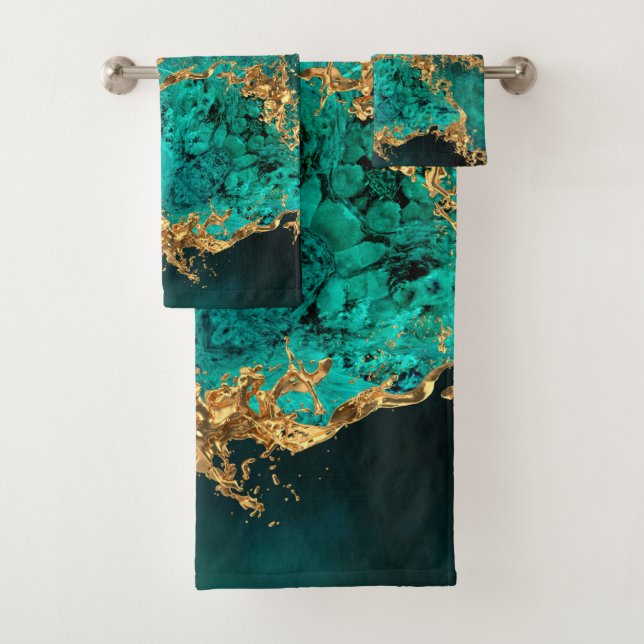 Conjunto De Toalhas Emerald Jade Dourado Splatter Abstrato (Insitu)