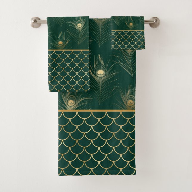 CONJUNTO DE TOALHAS EMERALD MERMAID PEACOCK FEATHER BATHROOM TOWEL (Insitu)
