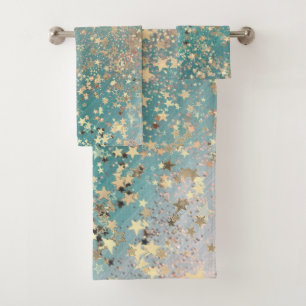 Conjunto De Toalhas Encantando Estrelas Shimmery Douradas na Gliteria