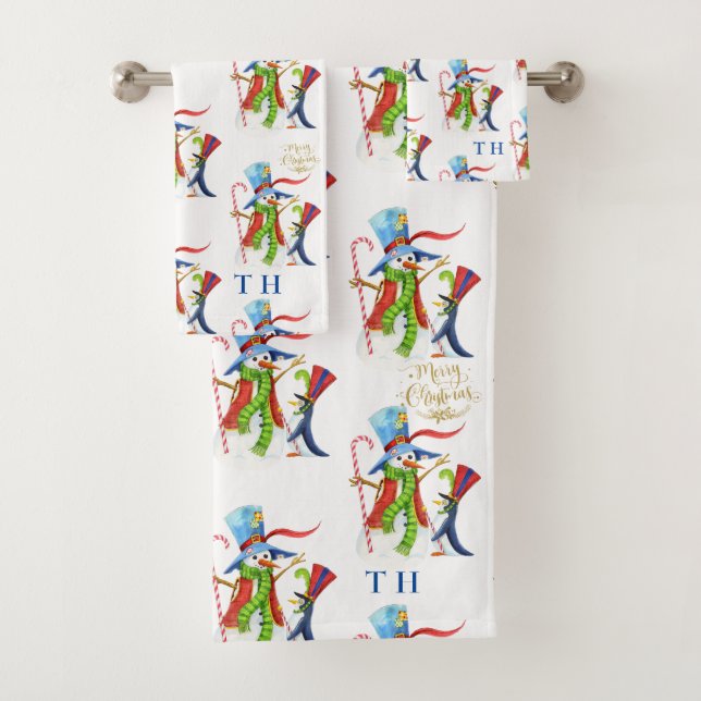 Conjunto De Toalhas Engraçado Snowman Penguin Dourado Glitter Feliz Na (Insitu)