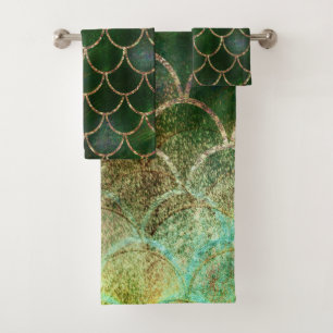 Conjunto De Toalhas Escamas de Peixe Sereia Brilho Verde e Dourado