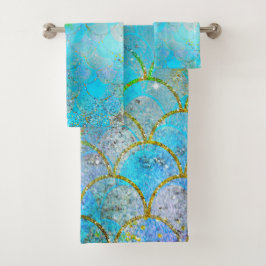 Conjunto De Toalhas Escamas de sereia azul iridescente brilhante