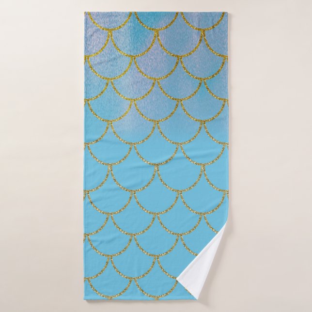 Conjunto De Toalhas Escamas de sereia com brilho iridescente azul e do (Toalha de Banho)