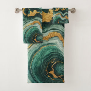 Conjunto De Toalhas Esmeralda Verde e Dourado com Aparência de Mármore