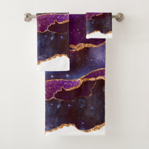 Conjunto De Toalhas Espaço Azul e Roxo e Estrelas com Faixa Dourada