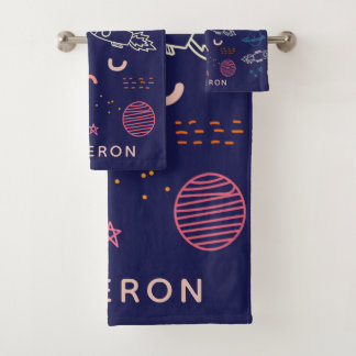 Conjunto De Toalhas Espaço e Portalha Planetas em Azul Personalizado