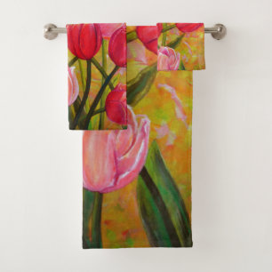Conjunto De Toalhas Esquema de Tulipas Rosa e Vermelha