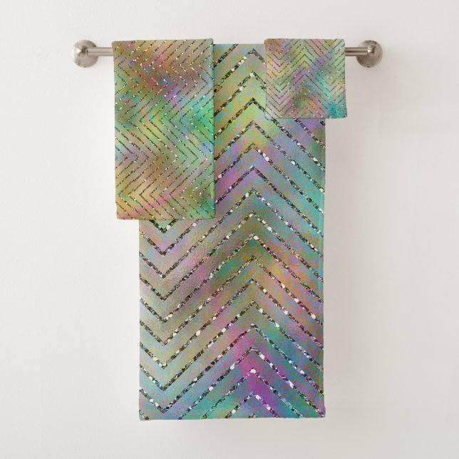 Conjunto De Toalhas Estampa de Chevron com Luzes de Arco-íris Dourado  (Insitu)