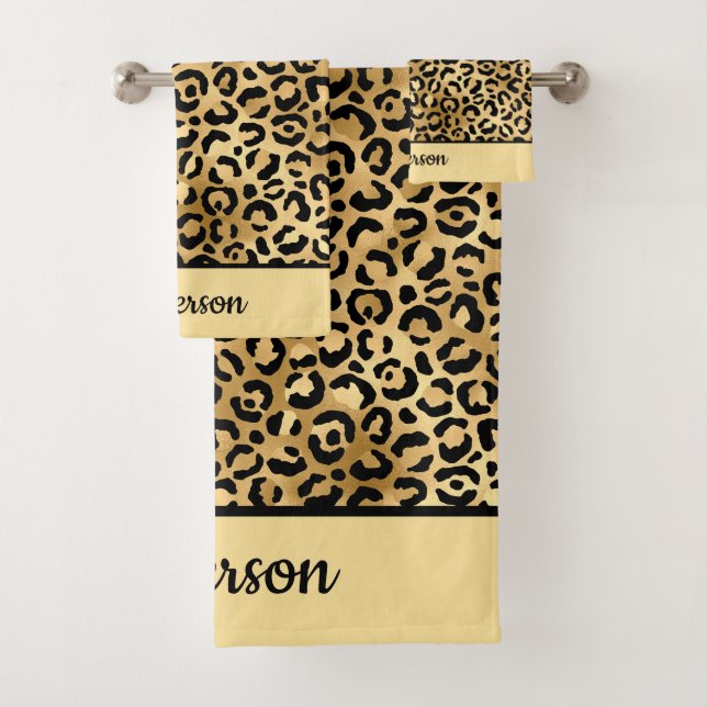 Conjunto De Toalhas Estampa de leopardo preta e dourada monogramada Ch (Insitu)